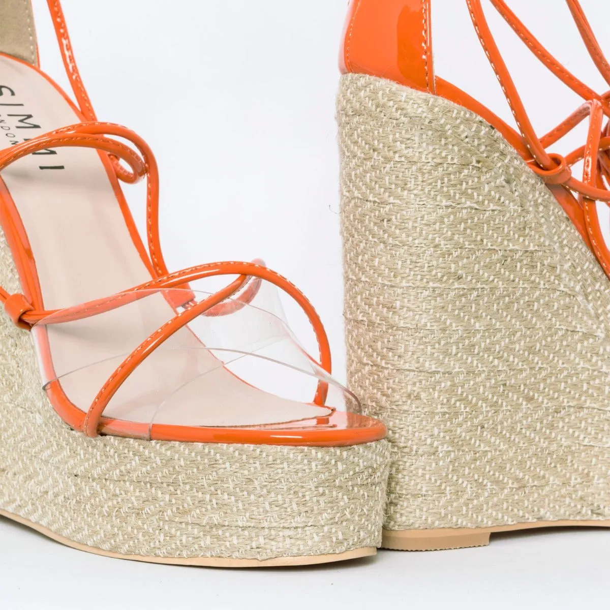 Misty Orange Patent Clear Lace Up Espadrille Wedges