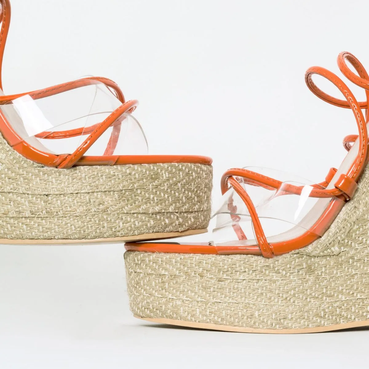 Misty Orange Patent Clear Lace Up Espadrille Wedges
