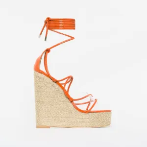 Misty Orange Patent Clear Lace Up Espadrille Wedges