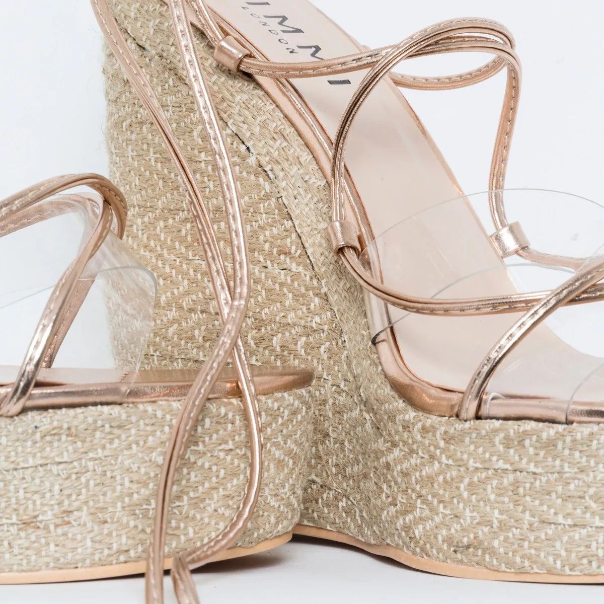 Misty Rose Gold Clear Lace Up Espadrille Wedges