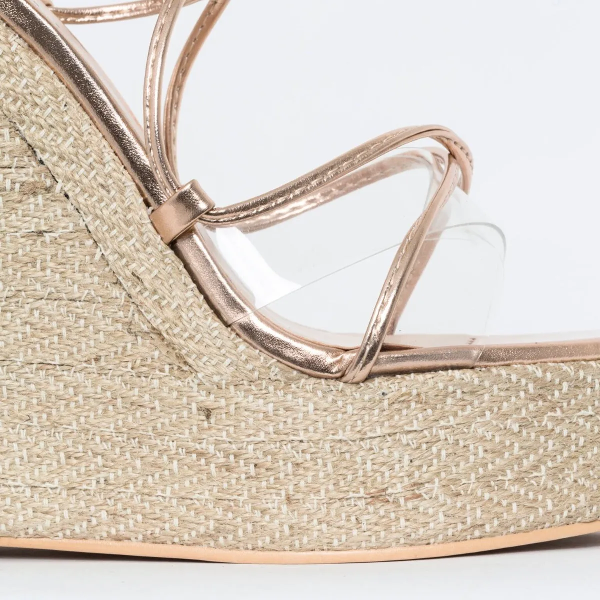 Misty Rose Gold Clear Lace Up Espadrille Wedges