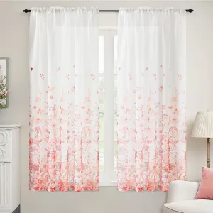 MIULEE Pink Printed Semi Sheer Linen Textured Curtains 63" Length 2 Panels Set for Bedroom Living Room, Floral Print Rod Pocket Tulle Light Filtering Spring Flower Patterned Window Drapes 52" x 63"