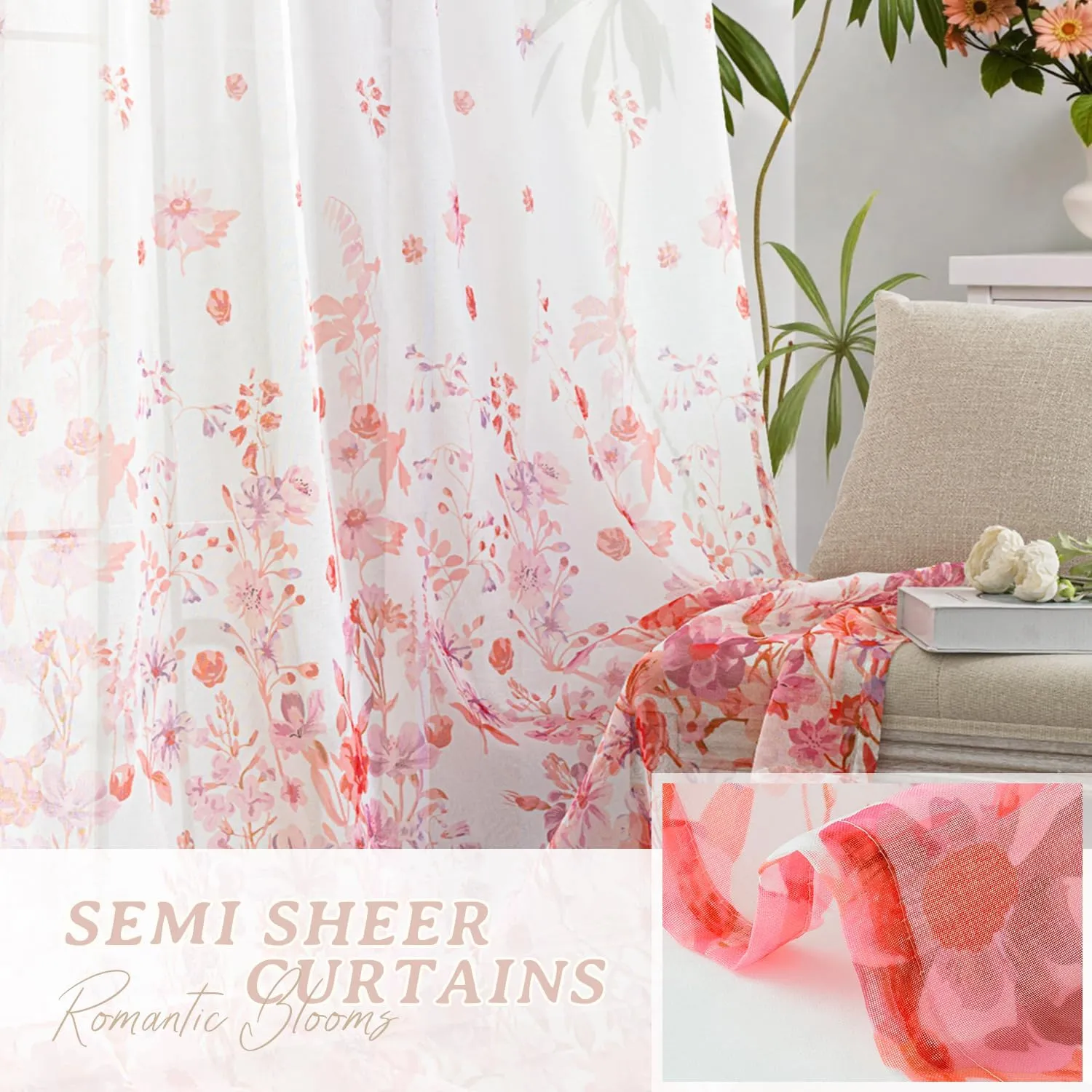 MIULEE Pink Printed Semi Sheer Linen Textured Curtains 63" Length 2 Panels Set for Bedroom Living Room, Floral Print Rod Pocket Tulle Light Filtering Spring Flower Patterned Window Drapes 52" x 63"