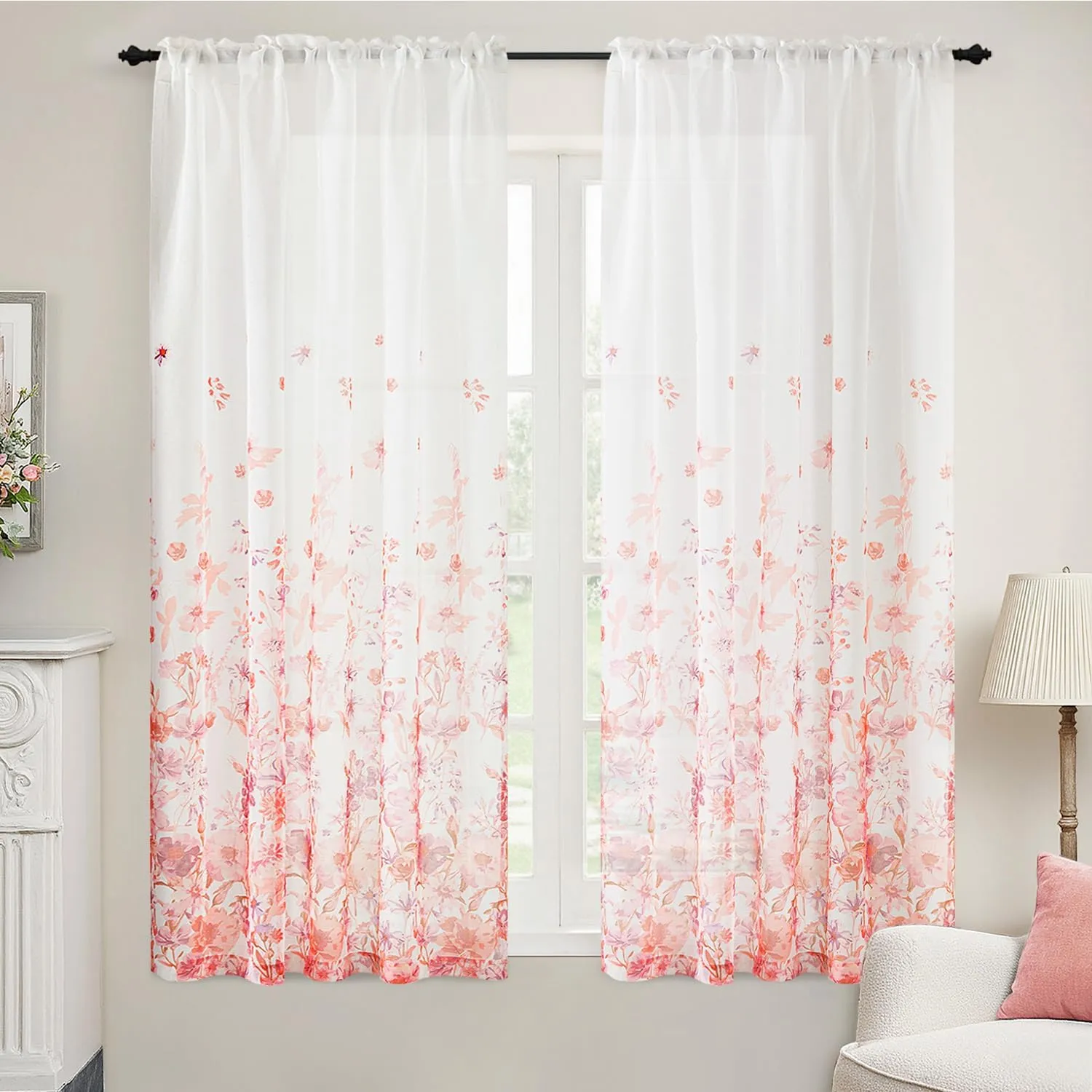 MIULEE Pink Printed Semi Sheer Linen Textured Curtains 63" Length 2 Panels Set for Bedroom Living Room, Floral Print Rod Pocket Tulle Light Filtering Spring Flower Patterned Window Drapes 52" x 63"