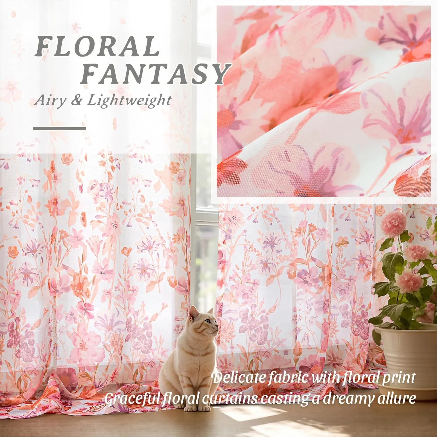 MIULEE Pink Printed Semi Sheer Linen Textured Curtains 63" Length 2 Panels Set for Bedroom Living Room, Floral Print Rod Pocket Tulle Light Filtering Spring Flower Patterned Window Drapes 52" x 63"