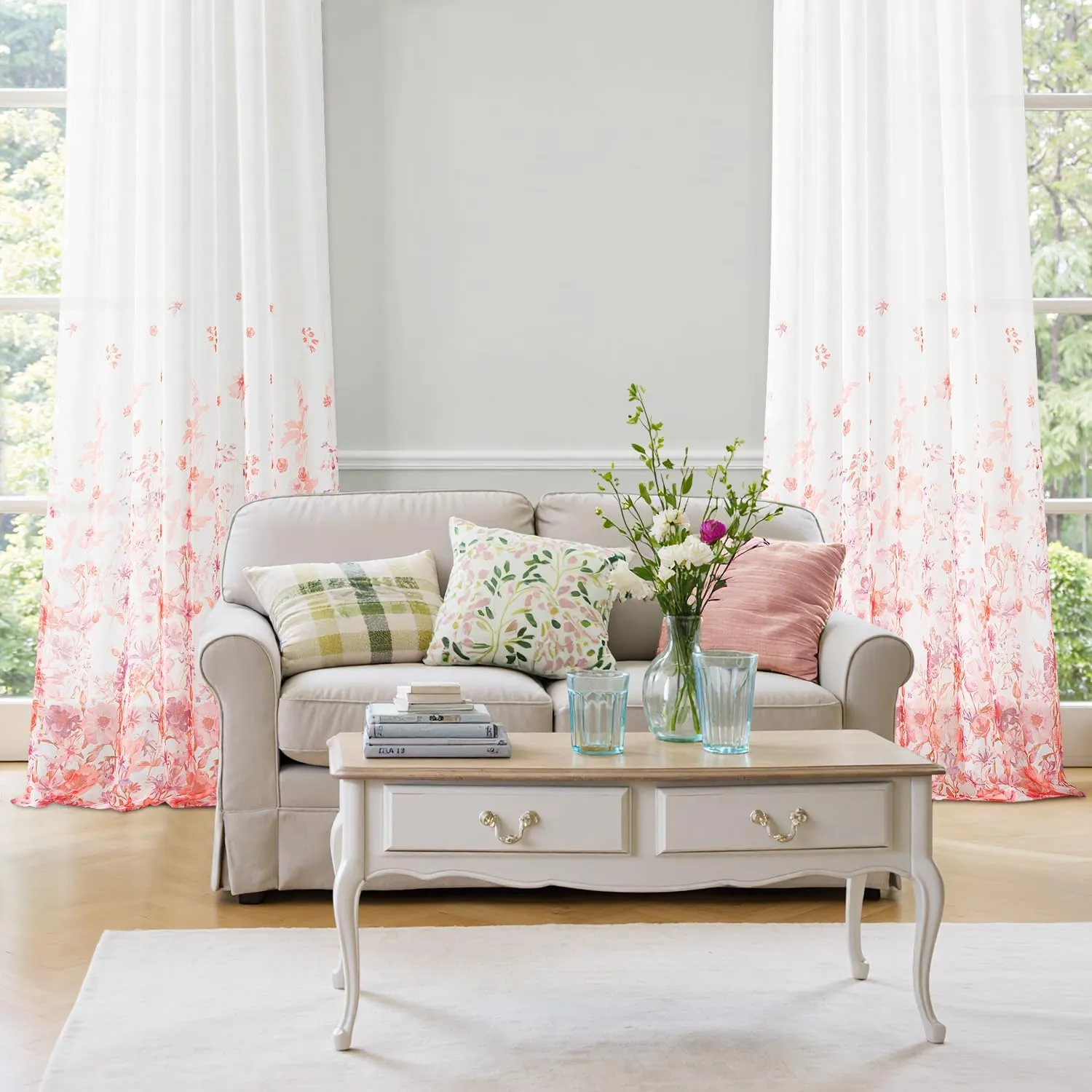 MIULEE Pink Printed Semi Sheer Linen Textured Curtains 63" Length 2 Panels Set for Bedroom Living Room, Floral Print Rod Pocket Tulle Light Filtering Spring Flower Patterned Window Drapes 52" x 63"