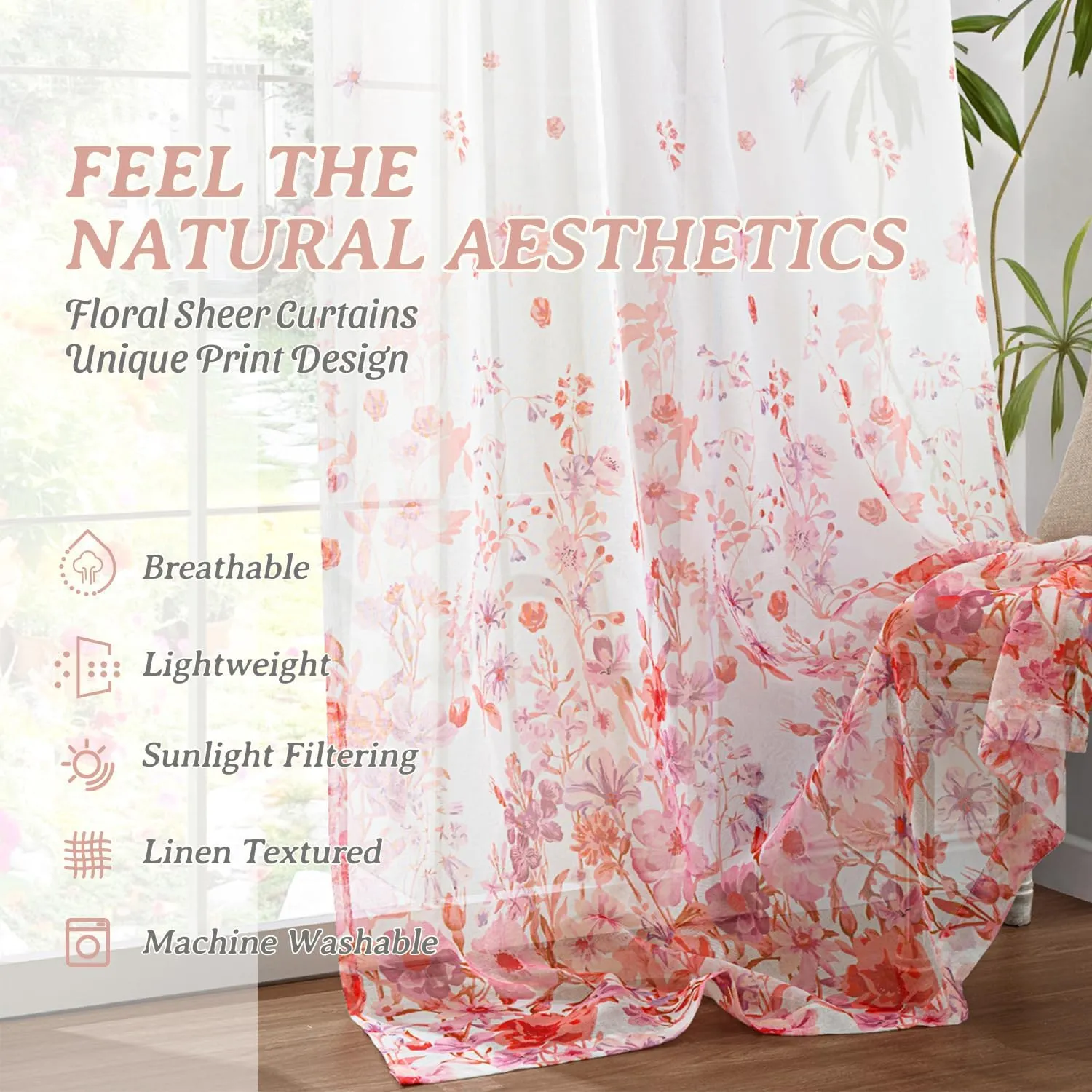 MIULEE Pink Printed Semi Sheer Linen Textured Curtains 63" Length 2 Panels Set for Bedroom Living Room, Floral Print Rod Pocket Tulle Light Filtering Spring Flower Patterned Window Drapes 52" x 63"