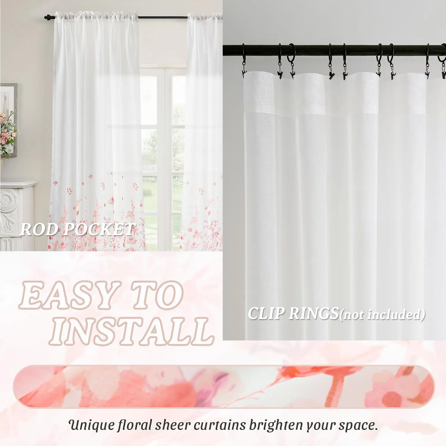 MIULEE Pink Printed Semi Sheer Linen Textured Curtains 63" Length 2 Panels Set for Bedroom Living Room, Floral Print Rod Pocket Tulle Light Filtering Spring Flower Patterned Window Drapes 52" x 63"
