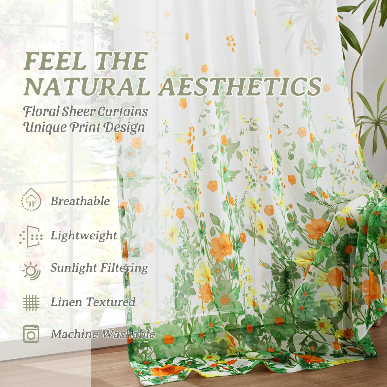 MIULEE Sage Green Printed Semi Sheer Linen Textured Curtains 84" Long 2 Panels Set for Bedroom Living Room, Floral Printed Rod Pocket Tulle Light Filtering Spring Flower Pattern Window Drapes