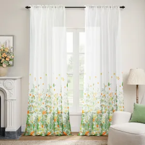 MIULEE Sage Green Printed Semi Sheer Linen Textured Curtains 84" Long 2 Panels Set for Bedroom Living Room, Floral Printed Rod Pocket Tulle Light Filtering Spring Flower Pattern Window Drapes