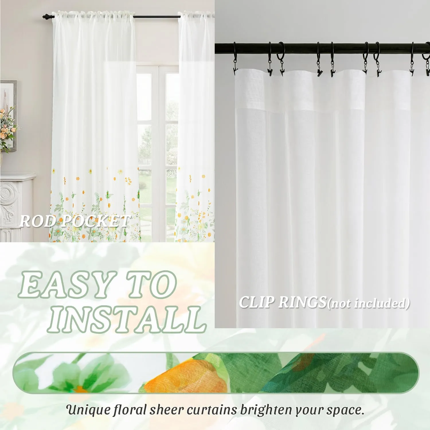 MIULEE Sage Green Printed Semi Sheer Linen Textured Curtains 84" Long 2 Panels Set for Bedroom Living Room, Floral Printed Rod Pocket Tulle Light Filtering Spring Flower Pattern Window Drapes
