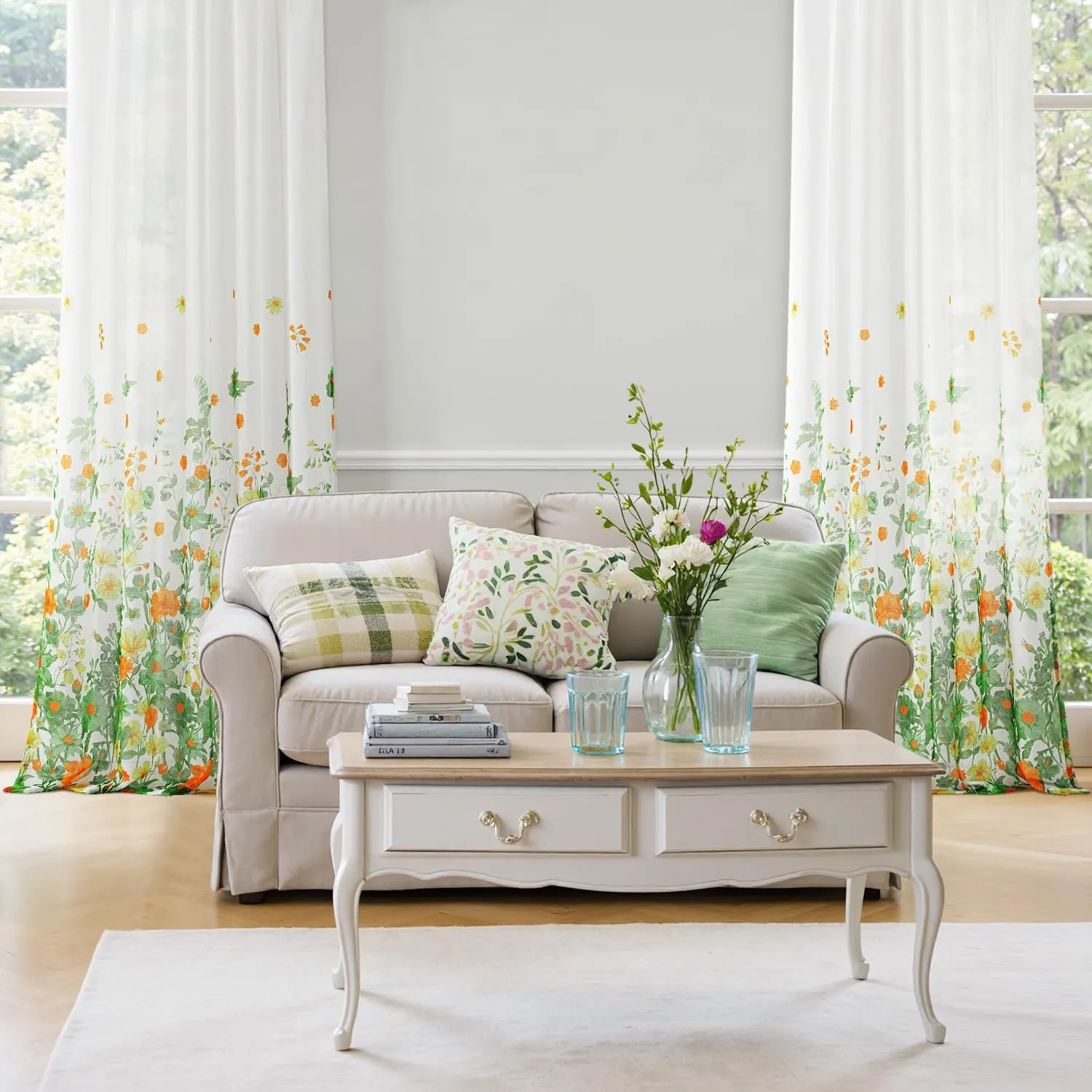 MIULEE Sage Green Printed Semi Sheer Linen Textured Curtains 84" Long 2 Panels Set for Bedroom Living Room, Floral Printed Rod Pocket Tulle Light Filtering Spring Flower Pattern Window Drapes