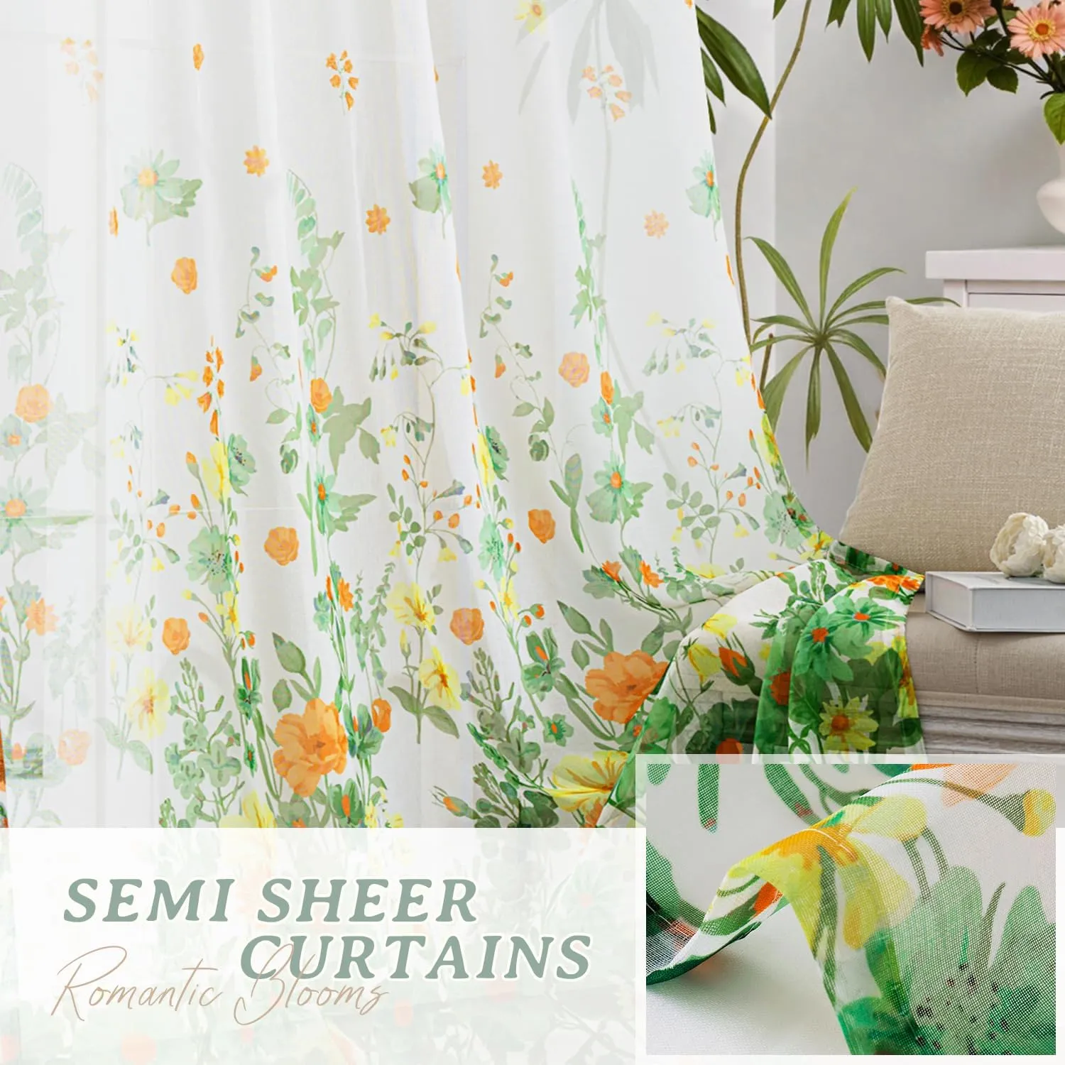 MIULEE Sage Green Printed Semi Sheer Linen Textured Curtains 84" Long 2 Panels Set for Bedroom Living Room, Floral Printed Rod Pocket Tulle Light Filtering Spring Flower Pattern Window Drapes