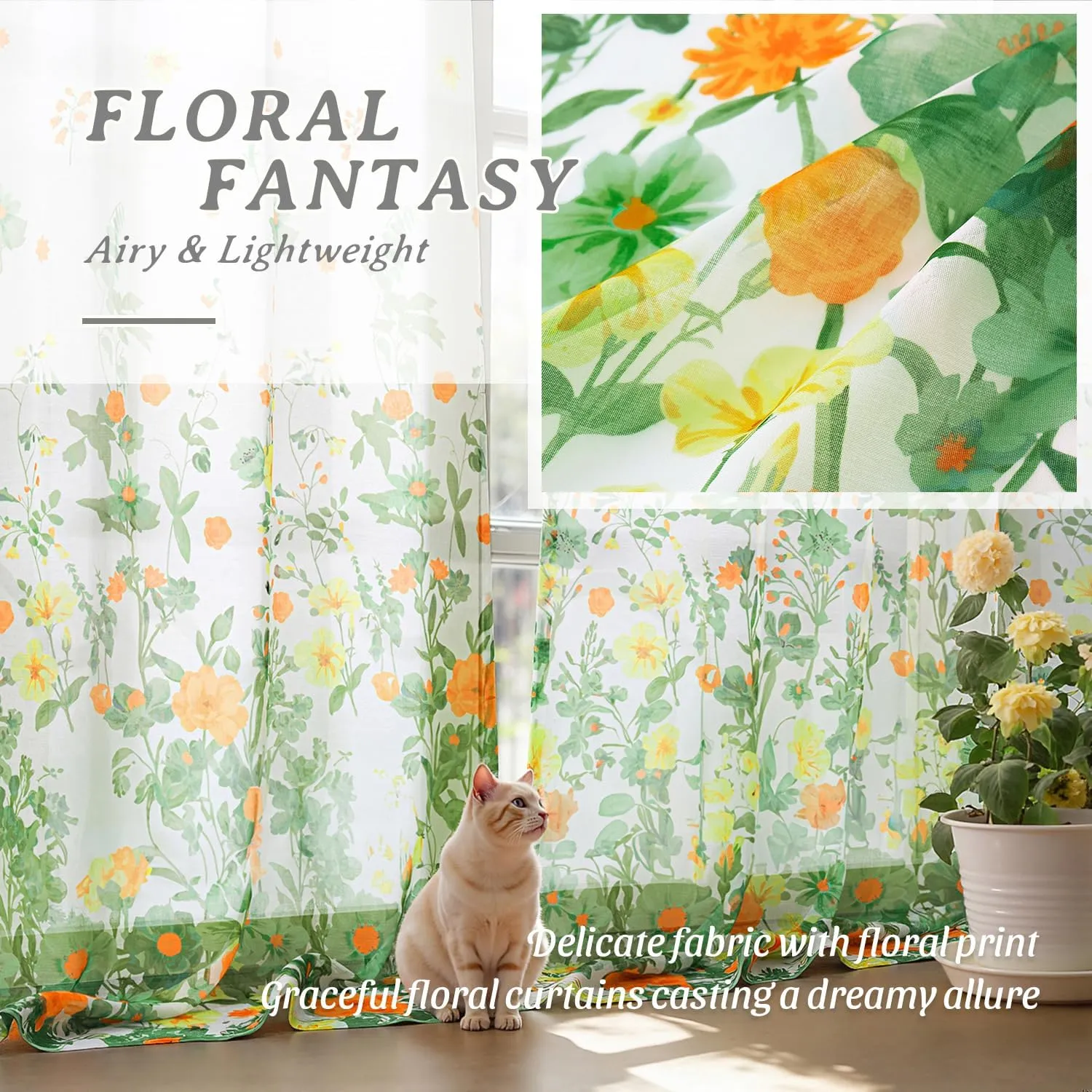 MIULEE Sage Green Printed Semi Sheer Linen Textured Curtains 84" Long 2 Panels Set for Bedroom Living Room, Floral Printed Rod Pocket Tulle Light Filtering Spring Flower Pattern Window Drapes