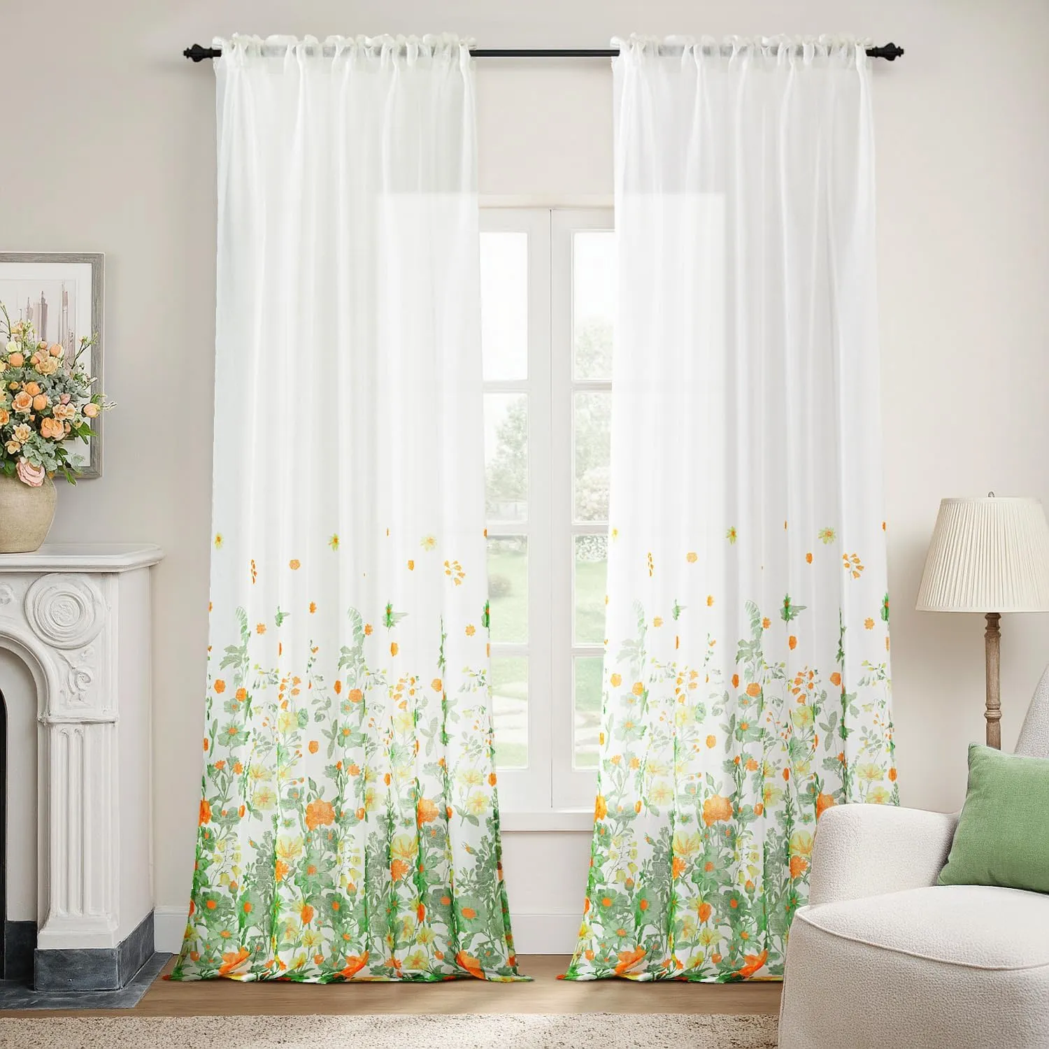 MIULEE Sage Green Printed Semi Sheer Linen Textured Curtains 84" Long 2 Panels Set for Bedroom Living Room, Floral Printed Rod Pocket Tulle Light Filtering Spring Flower Pattern Window Drapes