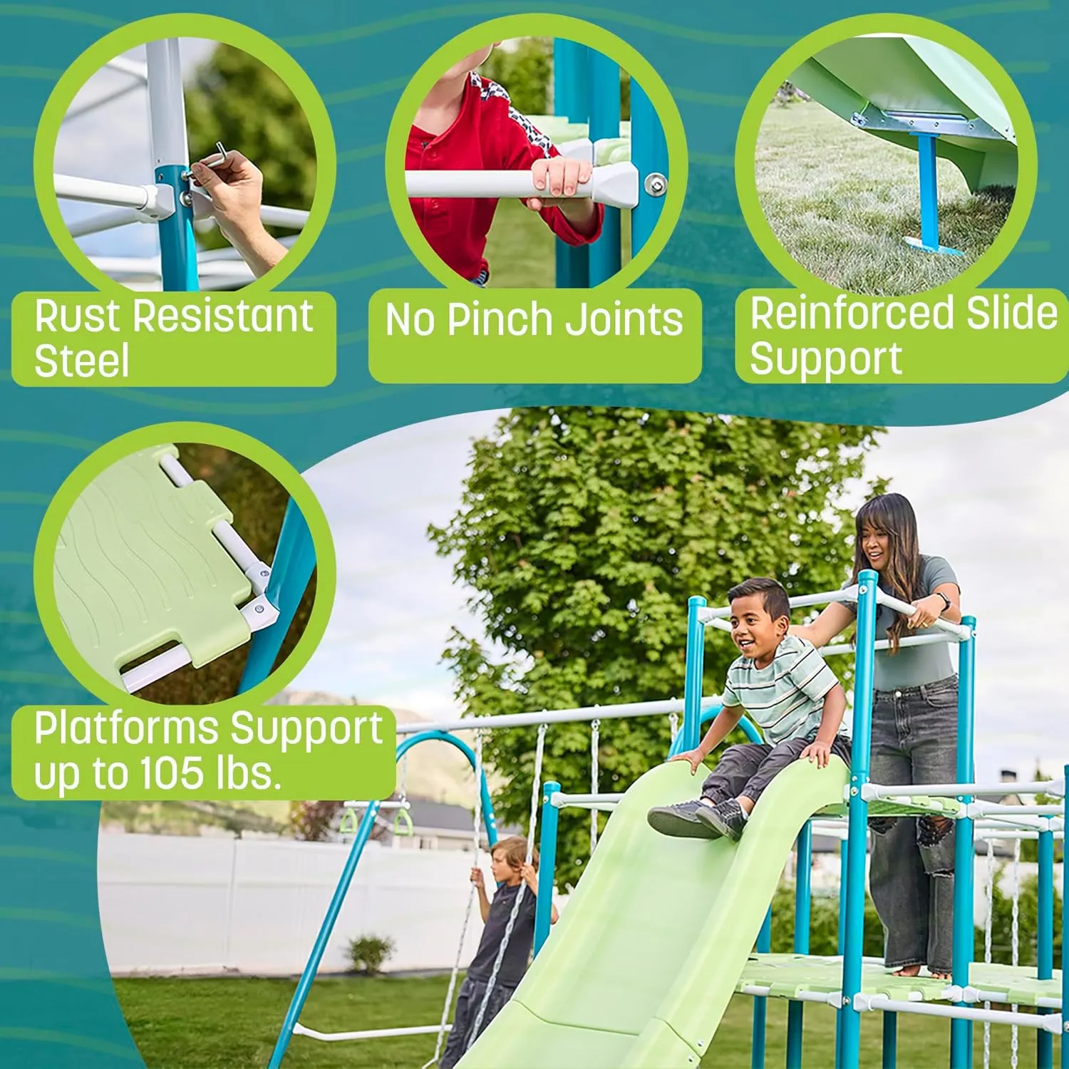 Modular Jungle Gym Set for Kids by ACTIVPLAY, Outdoor Playset, Swing, Slide, Hanging Bridge, Rust Resistant, No Pinch Joints, Adjustable Platforms with Safety Grooves, Heavy Duty Metal Frame