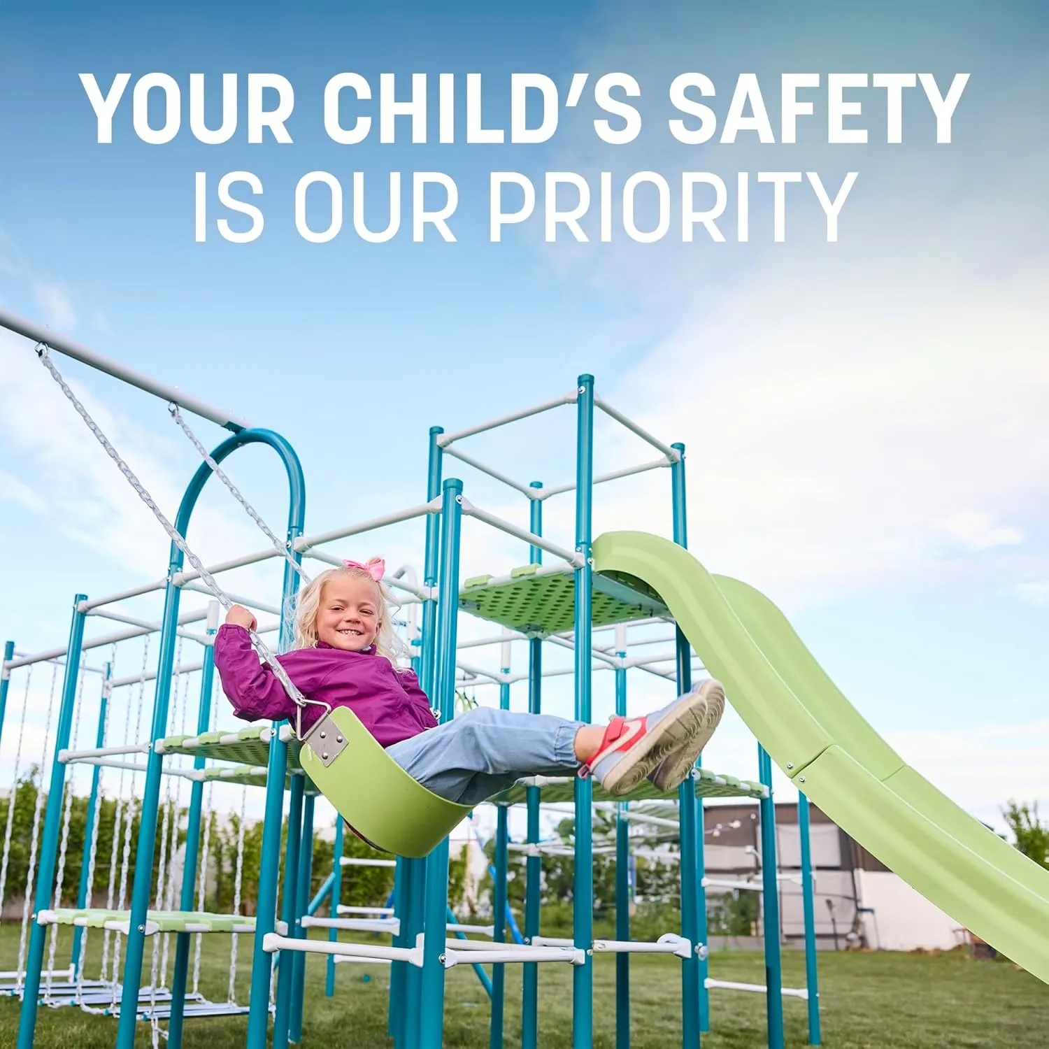 Modular Jungle Gym Set for Kids by ACTIVPLAY, Outdoor Playset, Swing, Slide, Hanging Bridge, Rust Resistant, No Pinch Joints, Adjustable Platforms with Safety Grooves, Heavy Duty Metal Frame