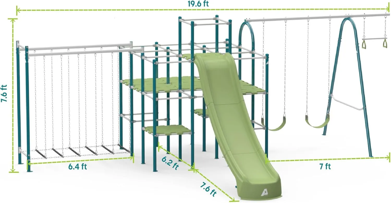 Modular Jungle Gym Set for Kids by ACTIVPLAY, Outdoor Playset, Swing, Slide, Hanging Bridge, Rust Resistant, No Pinch Joints, Adjustable Platforms with Safety Grooves, Heavy Duty Metal Frame