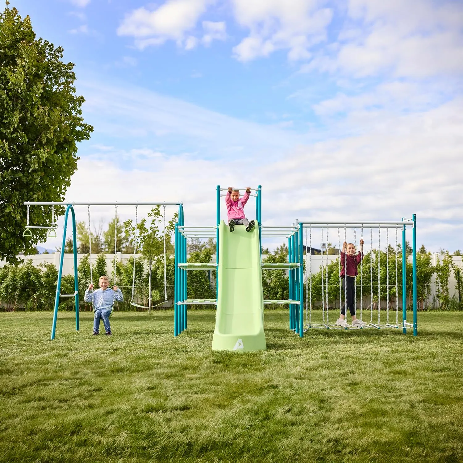 Modular Jungle Gym Set for Kids by ACTIVPLAY, Outdoor Playset, Swing, Slide, Hanging Bridge, Rust Resistant, No Pinch Joints, Adjustable Platforms with Safety Grooves, Heavy Duty Metal Frame