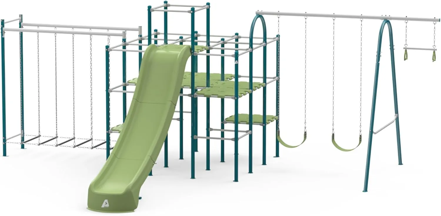 Modular Jungle Gym Set for Kids by ACTIVPLAY, Outdoor Playset, Swing, Slide, Hanging Bridge, Rust Resistant, No Pinch Joints, Adjustable Platforms with Safety Grooves, Heavy Duty Metal Frame