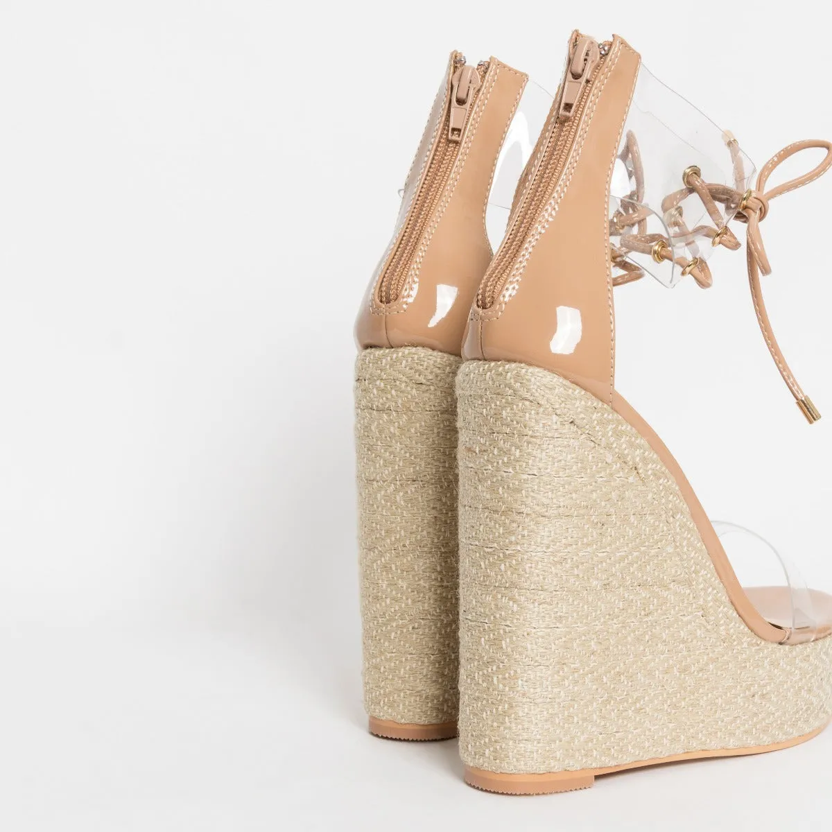 Monique Nude Patent Clear Espadrille Wedges