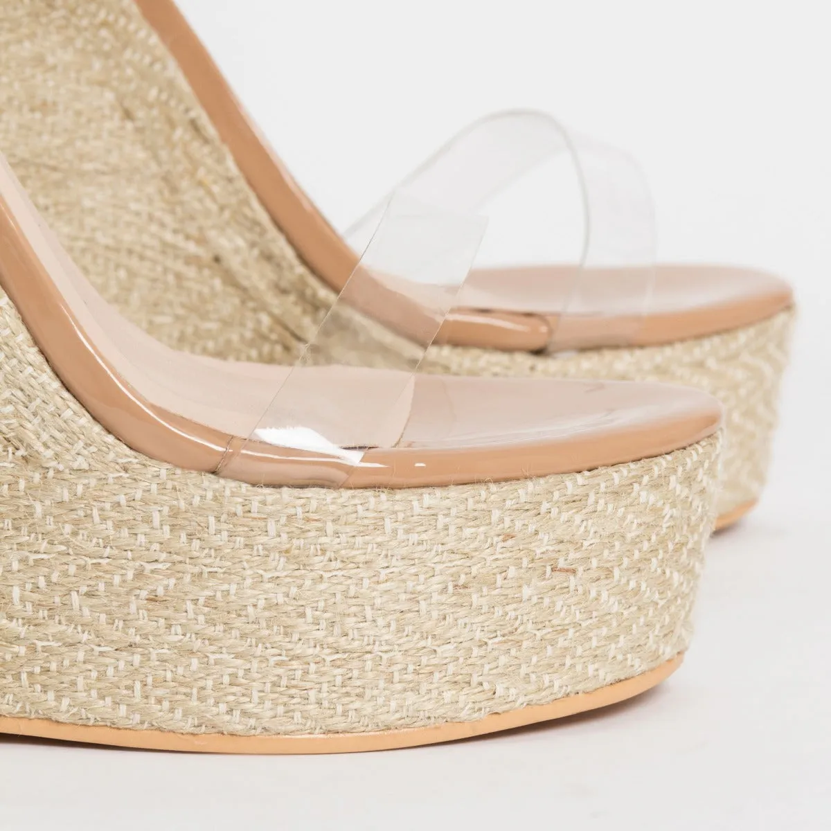 Monique Nude Patent Clear Espadrille Wedges