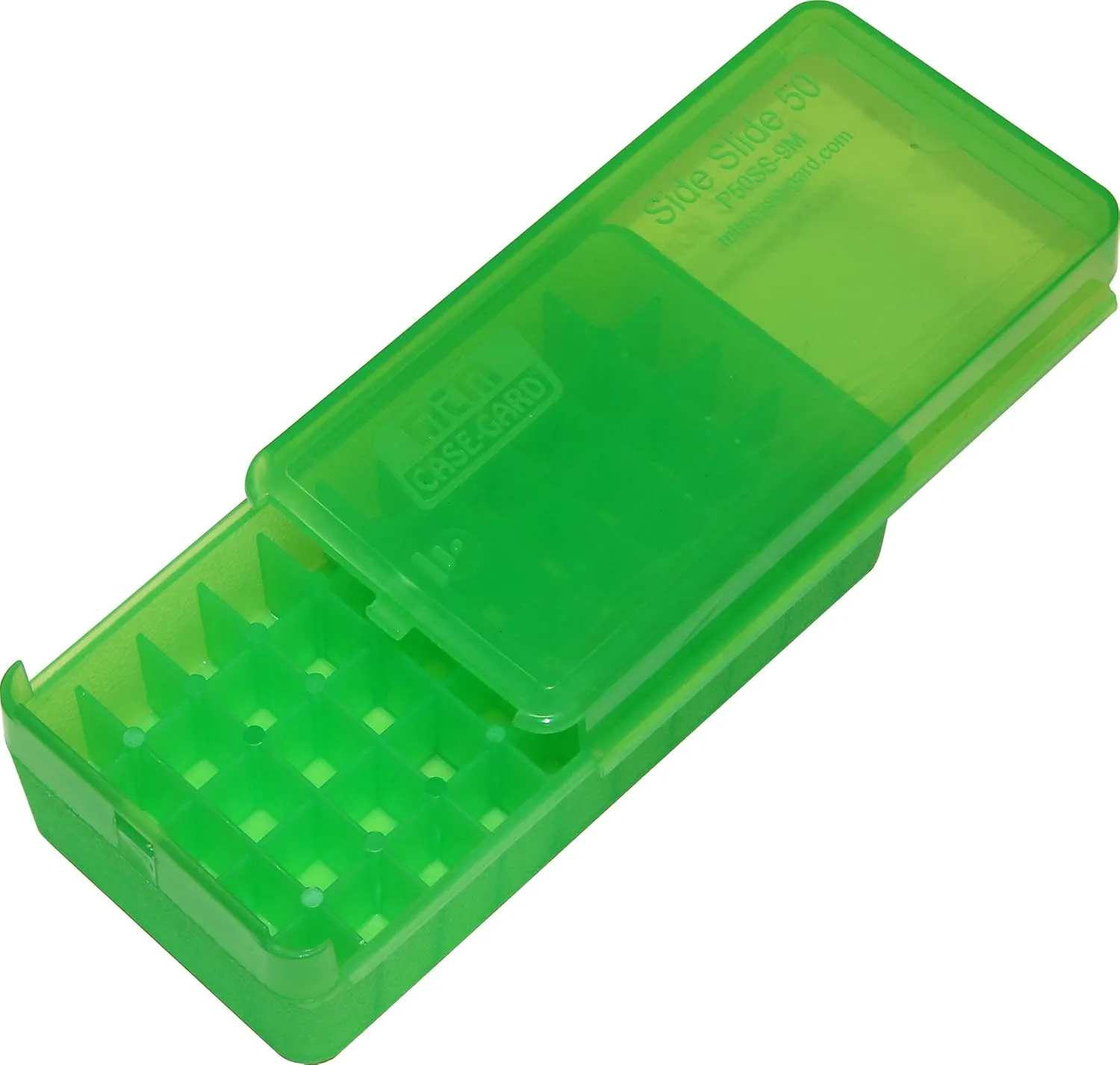 MTM P50SS-9M-16 380/9MM 50 Round Side Slide Pistol Ammo Box, USA Made, Clear Green