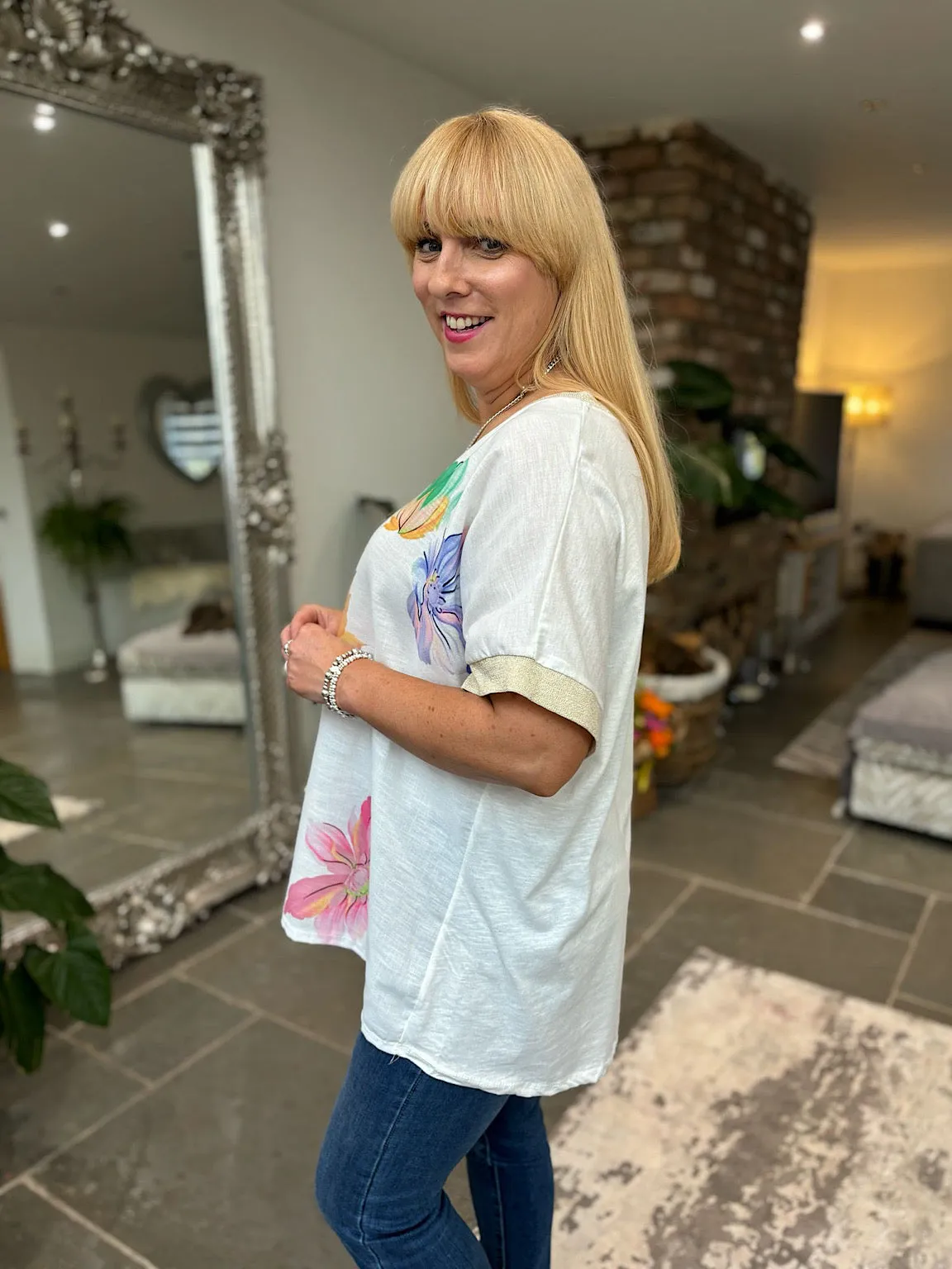 Multicolour Gold Trim Flower Top Carla