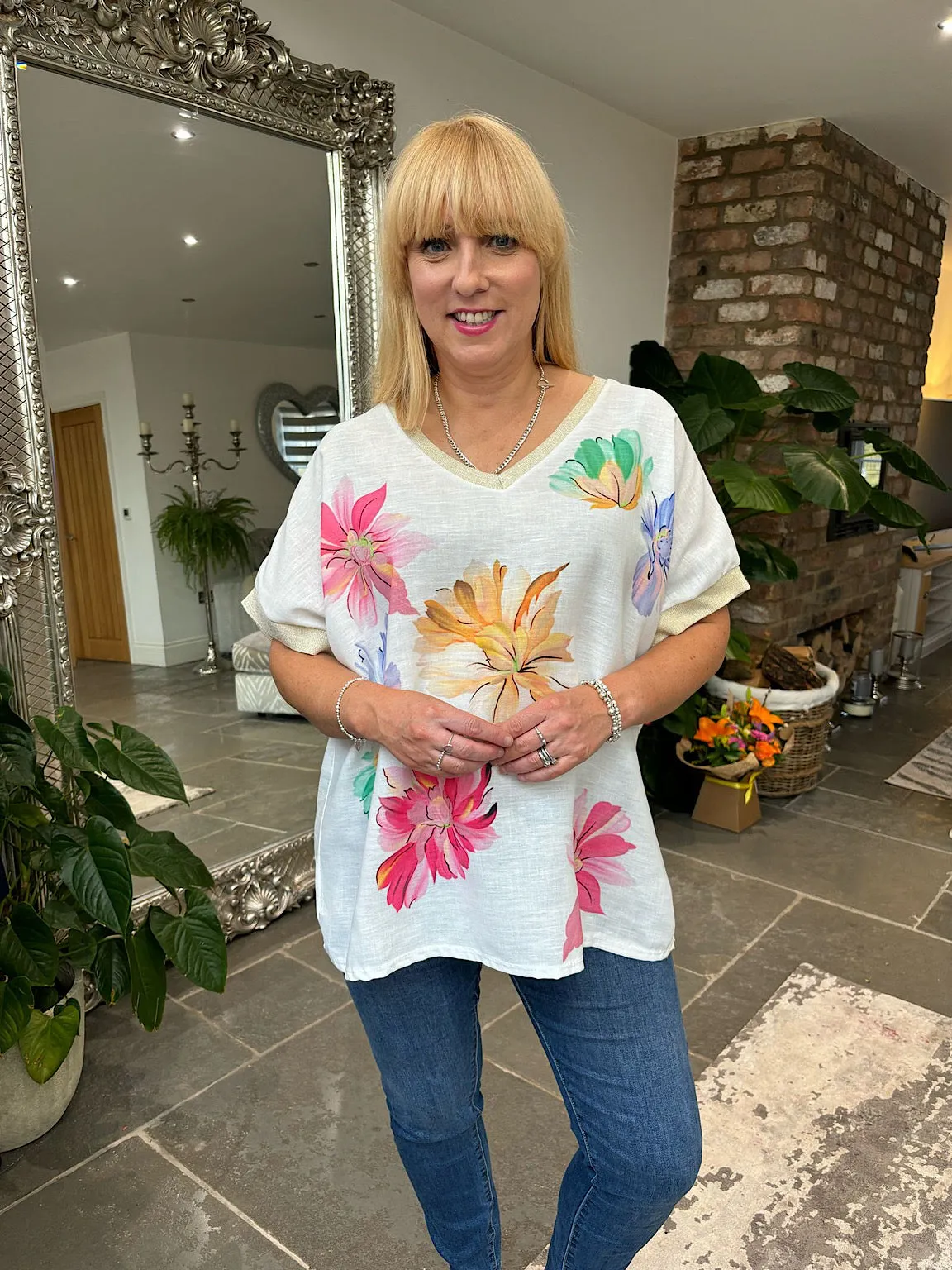 Multicolour Gold Trim Flower Top Carla