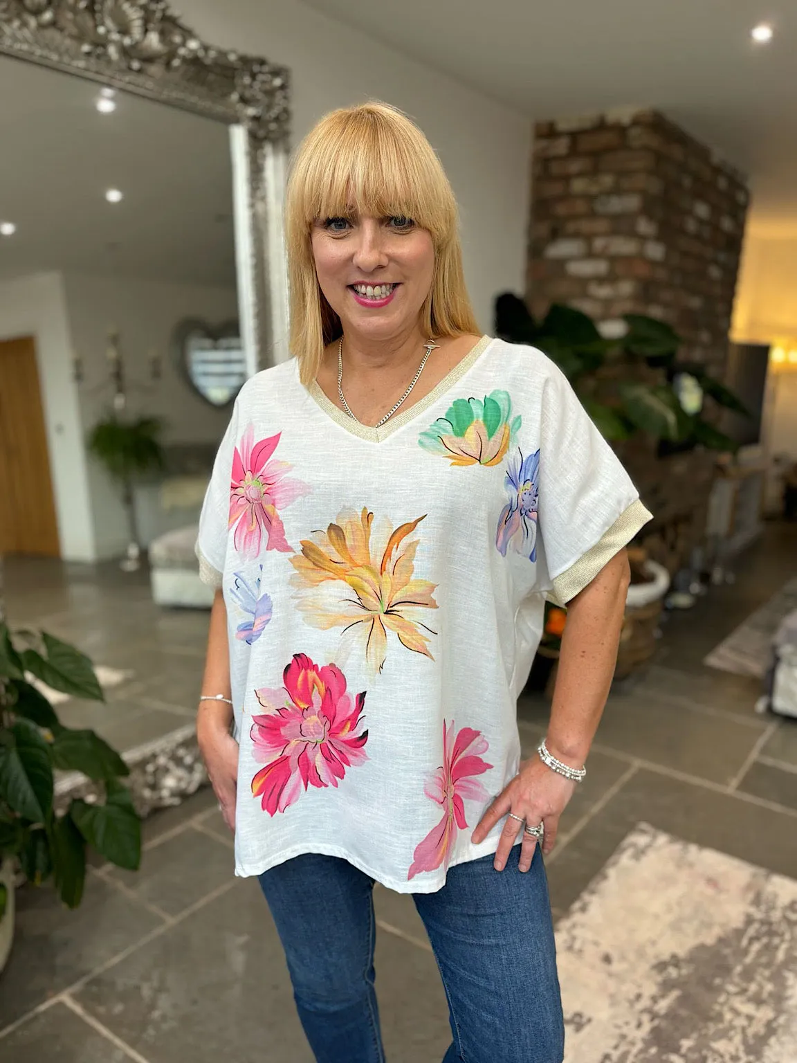 Multicolour Gold Trim Flower Top Carla