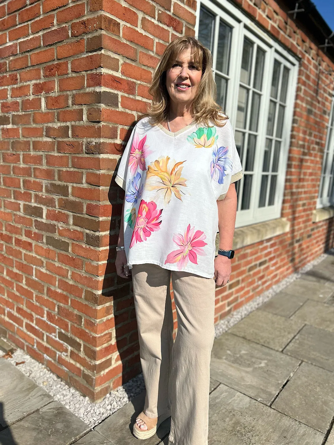 Multicolour Gold Trim Flower Top Carla