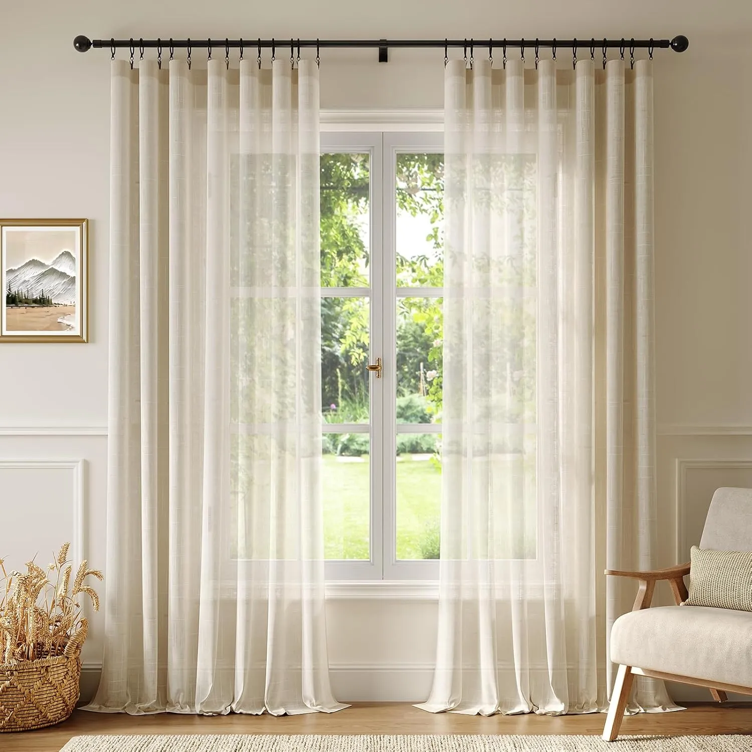 Natural Linen Curtains for Living Room 90 Inch Length 2 Panels Set, Light Filtering Semi Sheer Window Curtain Drapes for Bedroom with Curtain Rings and Clips, 52 Inch Wide Each Panel, Ecru