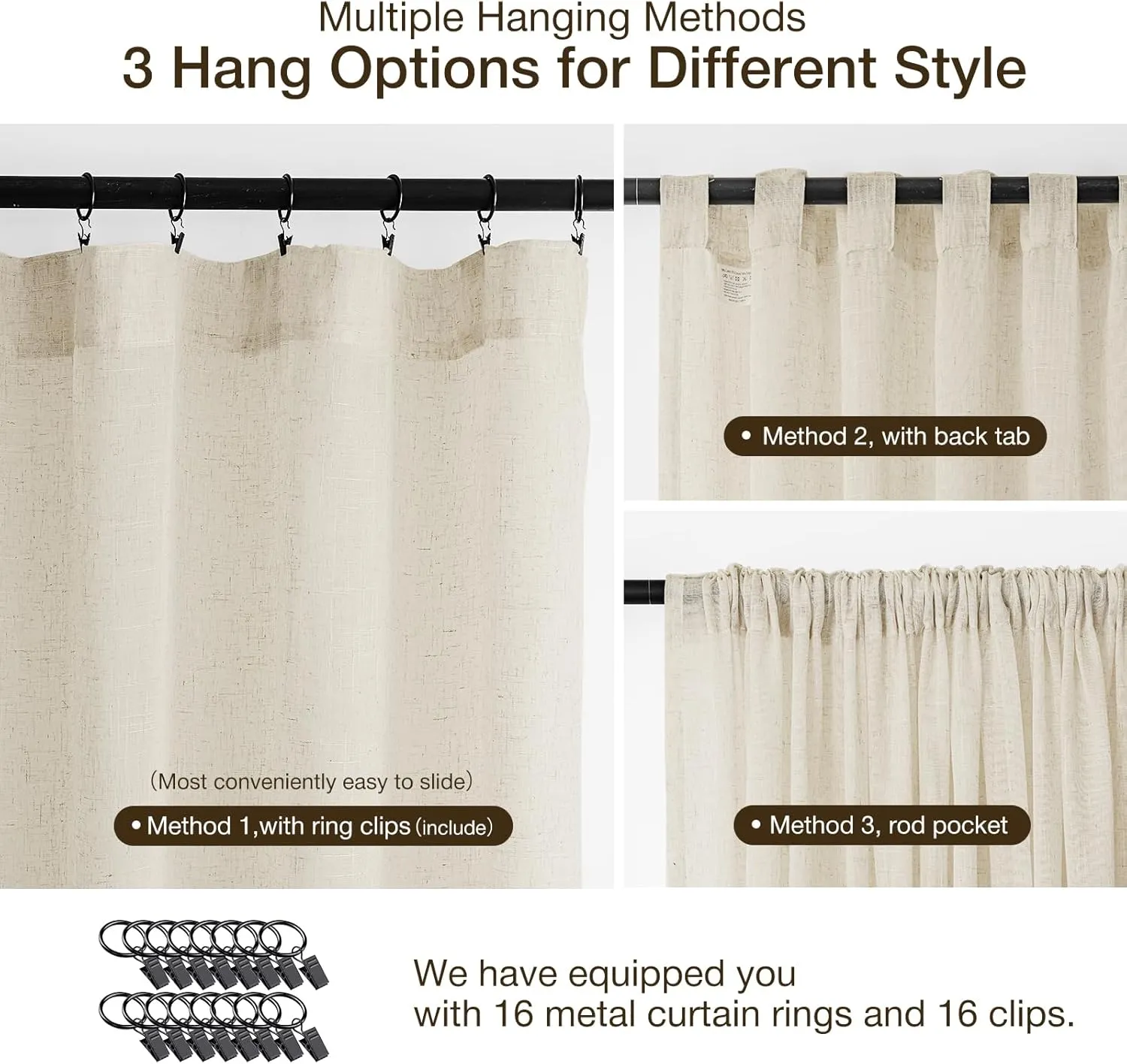 Natural Linen Curtains for Living Room 90 Inch Length 2 Panels Set, Light Filtering Semi Sheer Window Curtain Drapes for Bedroom with Curtain Rings and Clips, 52 Inch Wide Each Panel, Ecru