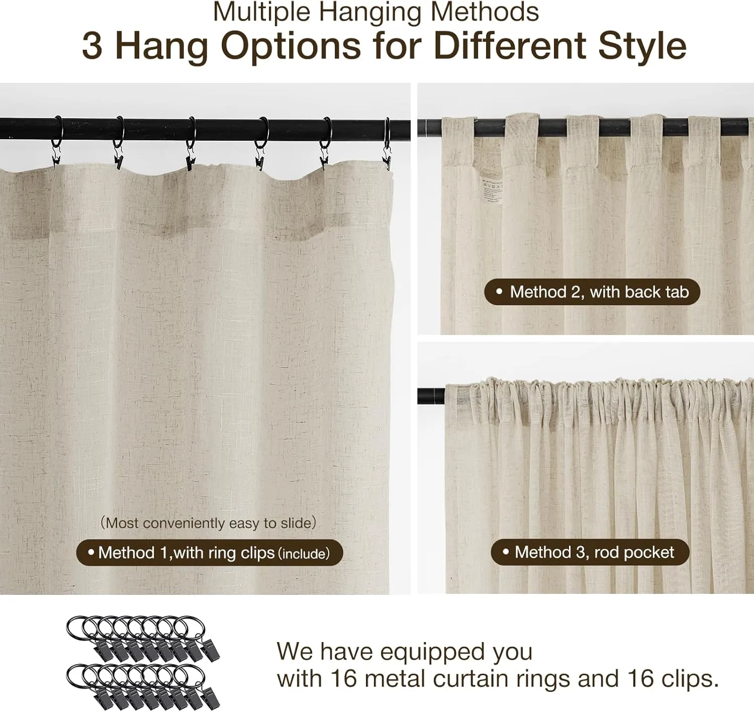 Natural Linen Curtains for Living Room 90 Inch Length 2 Panels Set, Light Filtering Semi Sheer Window Curtain Drapes for Bedroom with Curtain Rings and Clips, 52 Inch Wide Each Panel, Linen