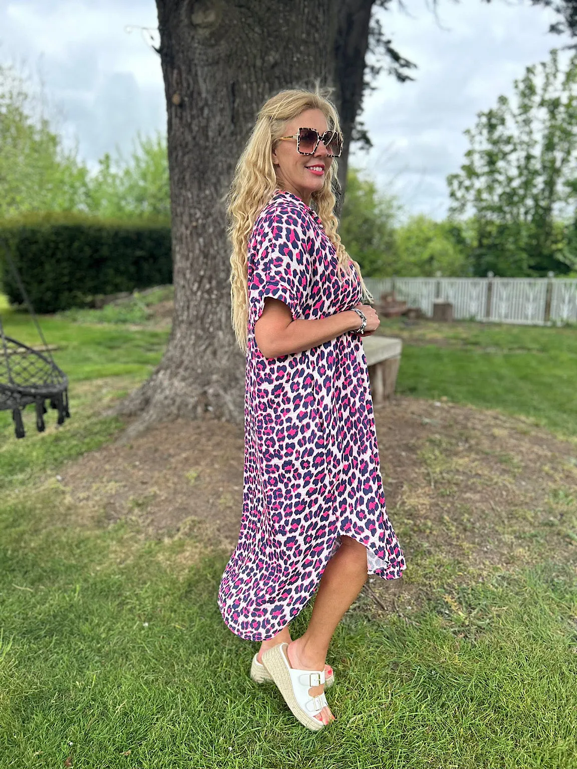 Navy Bubble Cotton Leopard Shirt Dress Lola