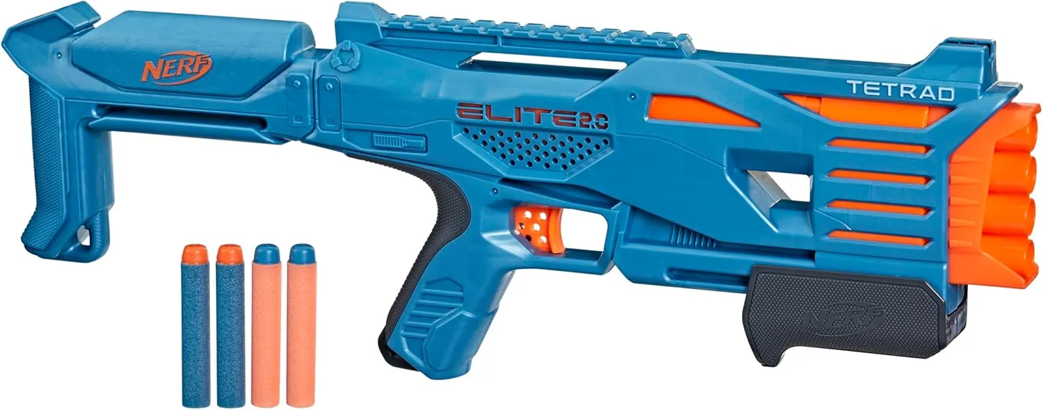 NERF Elite 2.0 Tetrad QS-4 Blaster, Includes 4 Elite Darts, 4-Barrel Blasting, Tactical Rail for Customizing Capability, Pump Action