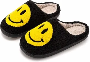 NEVEROLD Fun Happy Face Smile Emoticon Fluffy Sherpa Slip On House Slippers for Women and Men