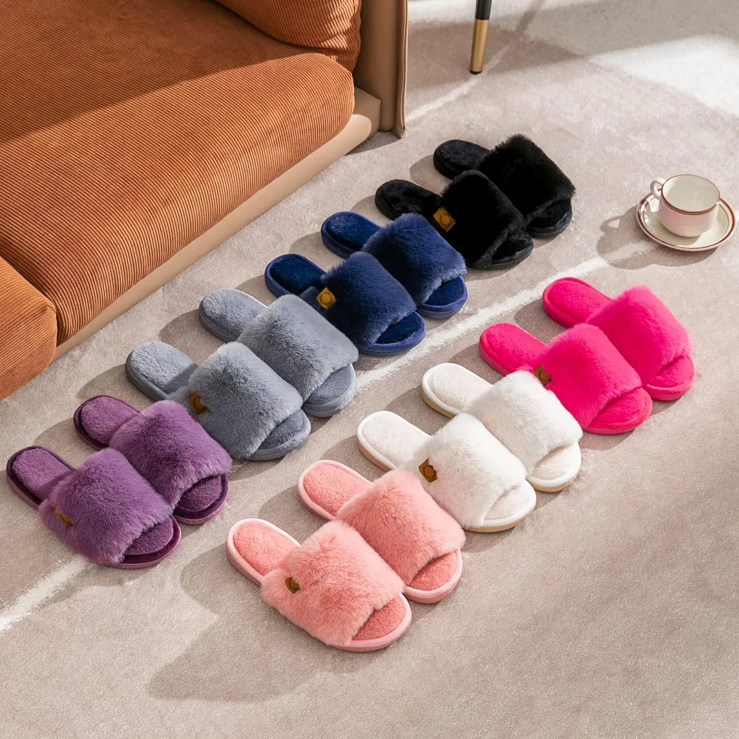 Onmygogo Indoor Slippers for Women Open Toe with Memory Foam, Soft Faux Fur Nonslip House Slippers