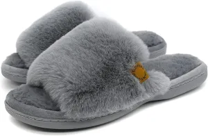 Onmygogo Indoor Slippers for Women Open Toe with Memory Foam, Soft Faux Fur Nonslip House Slippers