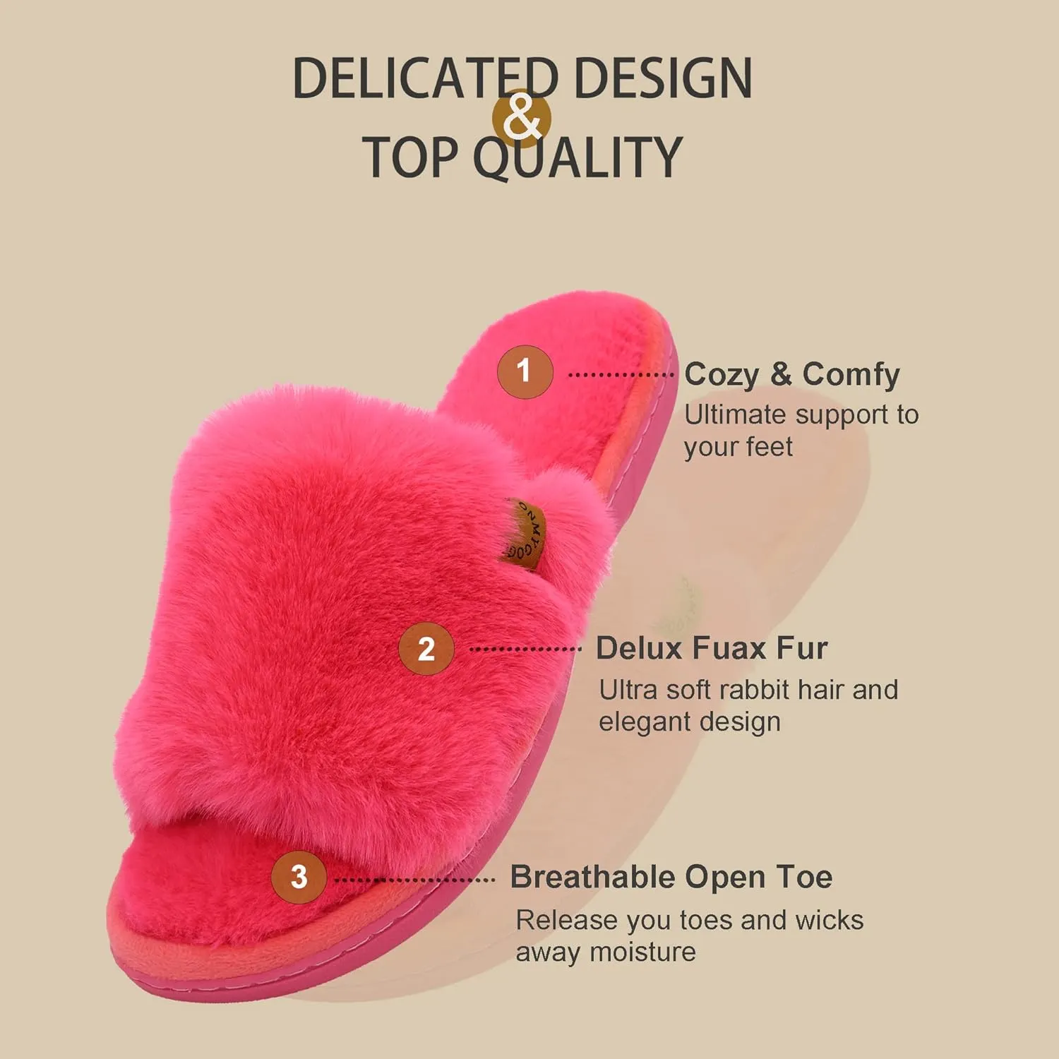 Onmygogo Indoor Slippers for Women Open Toe with Memory Foam, Soft Faux Fur Nonslip House Slippers