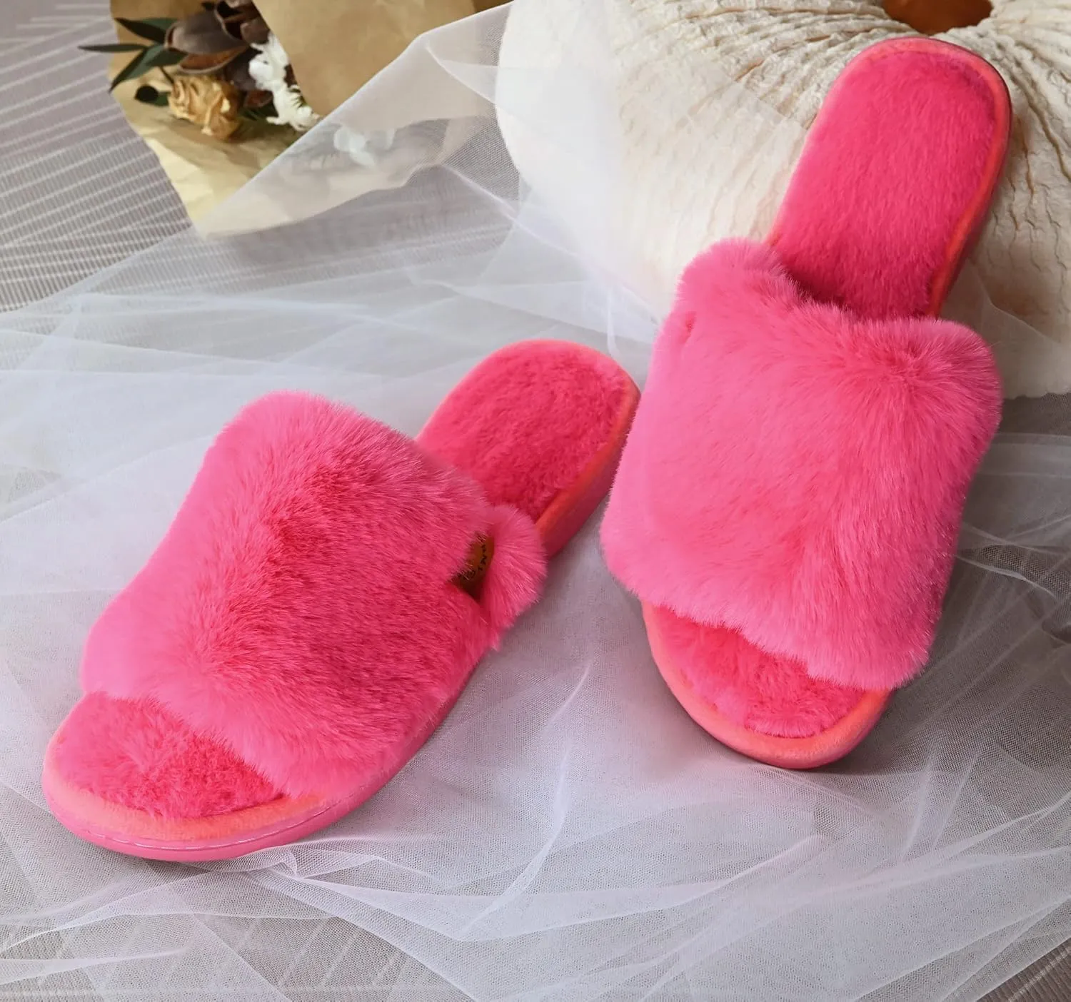 Onmygogo Indoor Slippers for Women Open Toe with Memory Foam, Soft Faux Fur Nonslip House Slippers