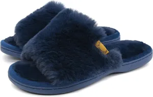 Onmygogo Indoor Slippers for Women Open Toe with Memory Foam, Soft Faux Fur Nonslip House Slippers