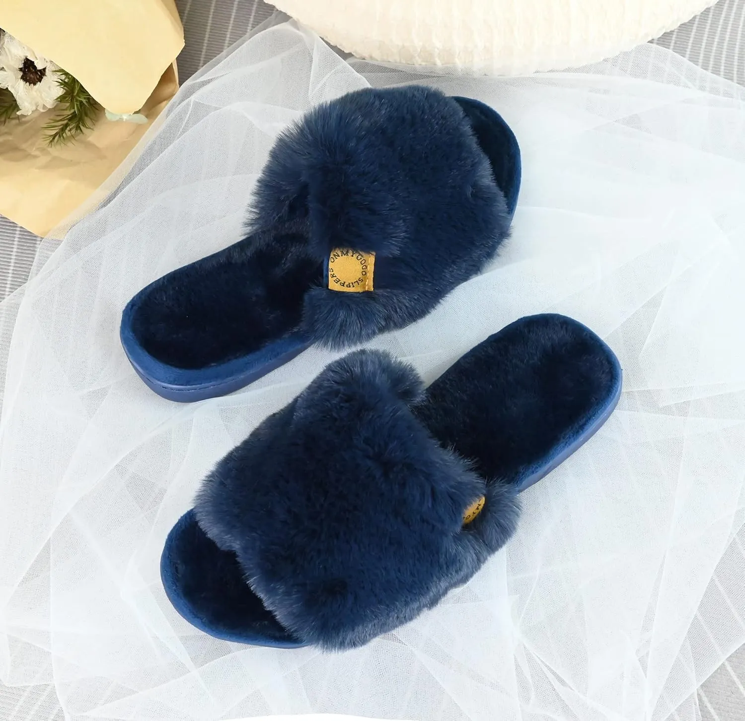 Onmygogo Indoor Slippers for Women Open Toe with Memory Foam, Soft Faux Fur Nonslip House Slippers