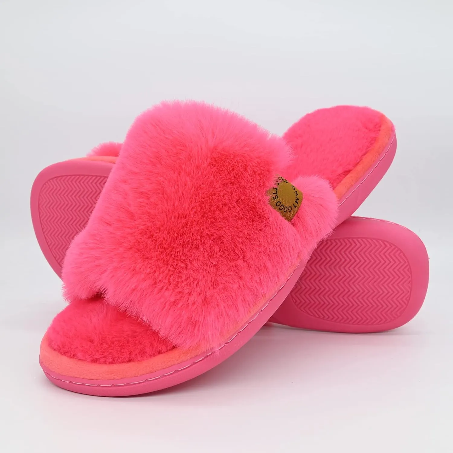 Onmygogo Indoor Slippers for Women Open Toe with Memory Foam, Soft Faux Fur Nonslip House Slippers