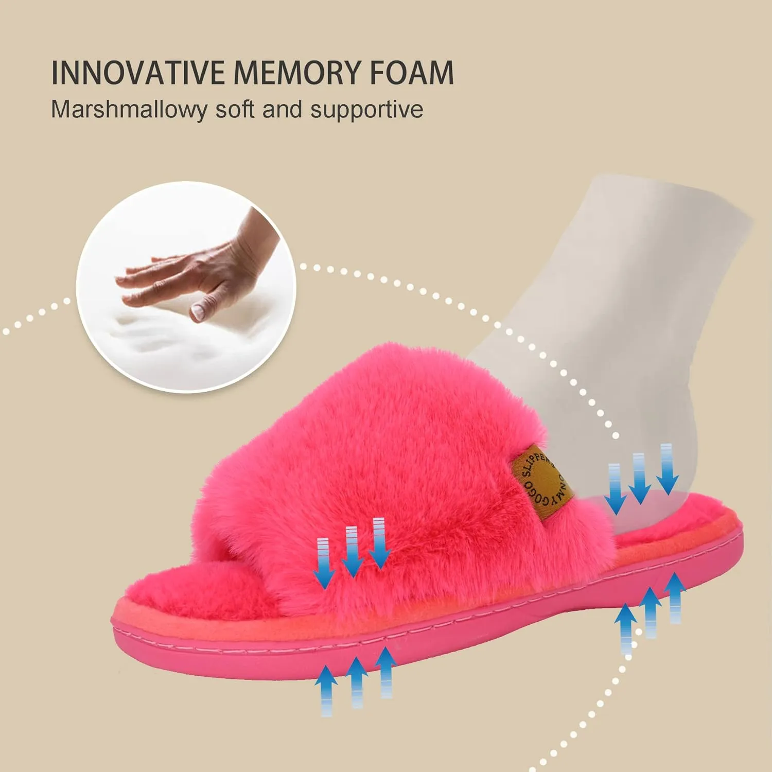 Onmygogo Indoor Slippers for Women Open Toe with Memory Foam, Soft Faux Fur Nonslip House Slippers