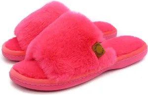 Onmygogo Indoor Slippers for Women Open Toe with Memory Foam, Soft Faux Fur Nonslip House Slippers