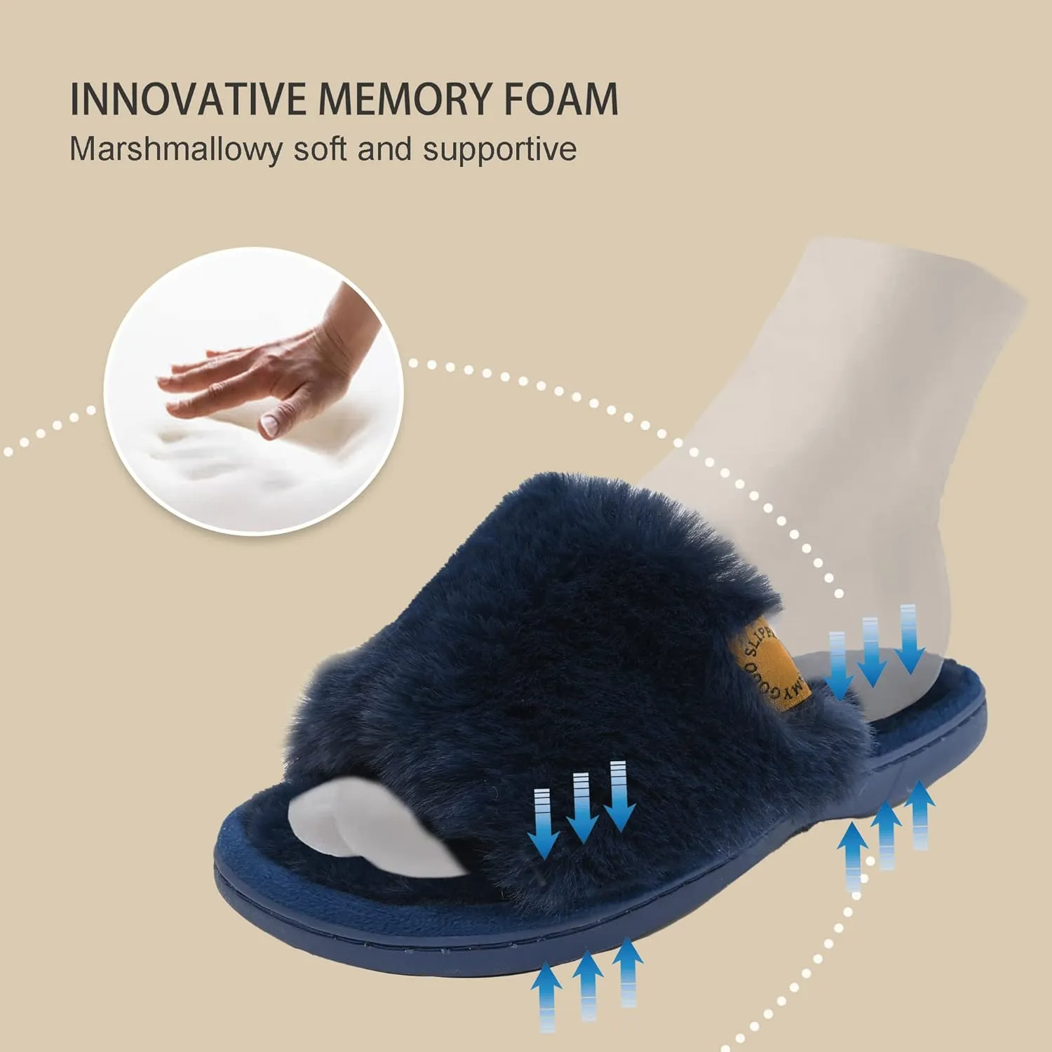 Onmygogo Indoor Slippers for Women Open Toe with Memory Foam, Soft Faux Fur Nonslip House Slippers