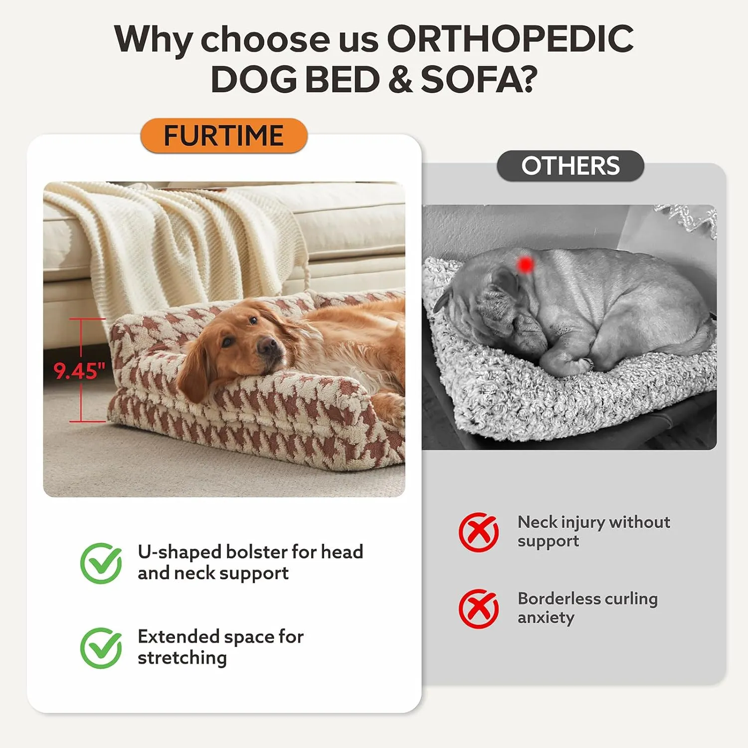 Orthopedic Dog Beds for Large Dogs Washable, Detachable Side Bolster and Pillow, XL Dog Sofa with Memory Foam, with Removable Cover and Non-Slip Bottom, Brown