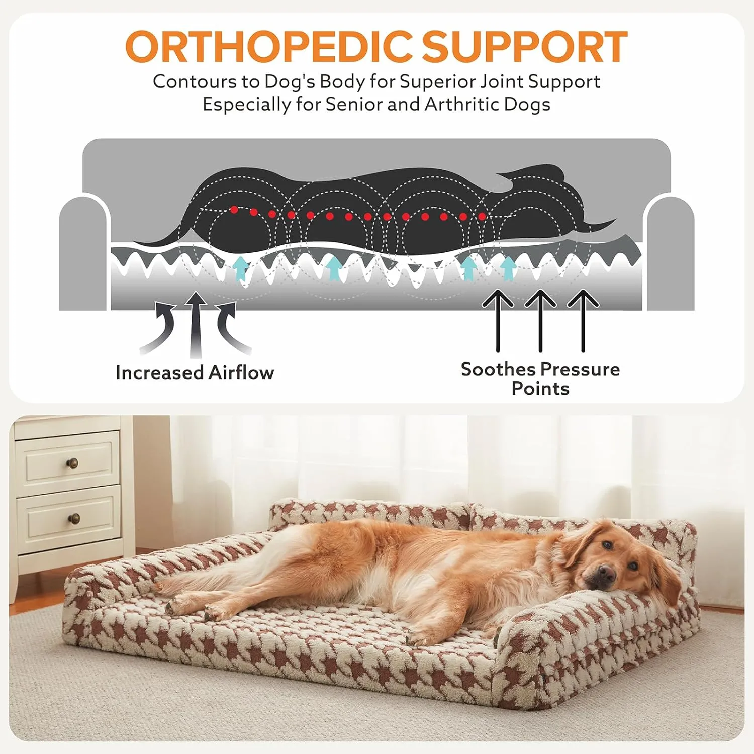 Orthopedic Dog Beds for Large Dogs Washable, Detachable Side Bolster and Pillow, XL Dog Sofa with Memory Foam, with Removable Cover and Non-Slip Bottom, Brown