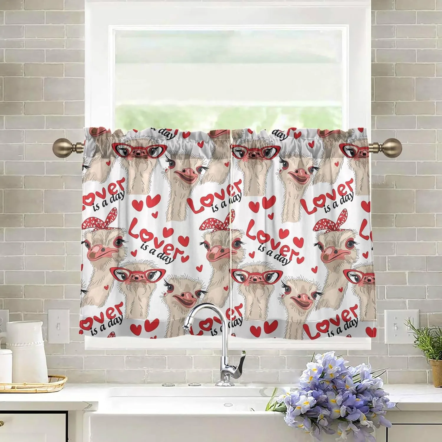 Ostriches with Red Glasses Hairpins Lover is a Day Letterings 2 Panels Kitchen Small Window Curtains, Tier Curtains Rod Pocket Half Short Curtains Blackout Cafe Drapes One Image 27x36 in